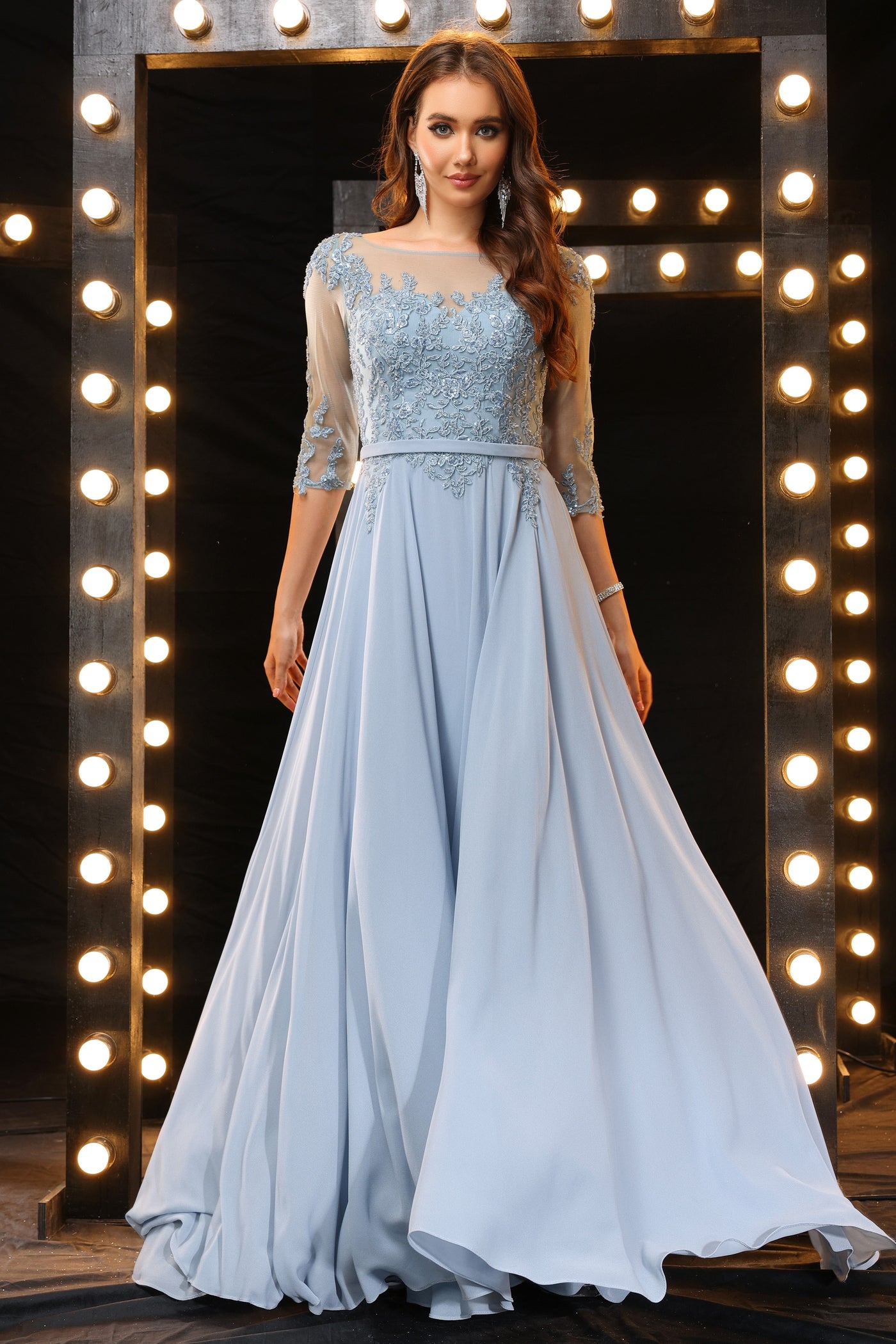 Elegant A Line Half Sleeves Chiffon Long Prom Dress