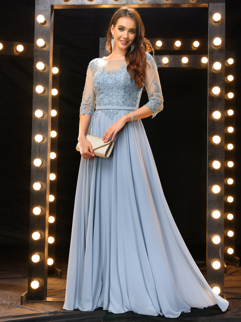 Elegant A Line Half Sleeves Chiffon Long Prom Dress