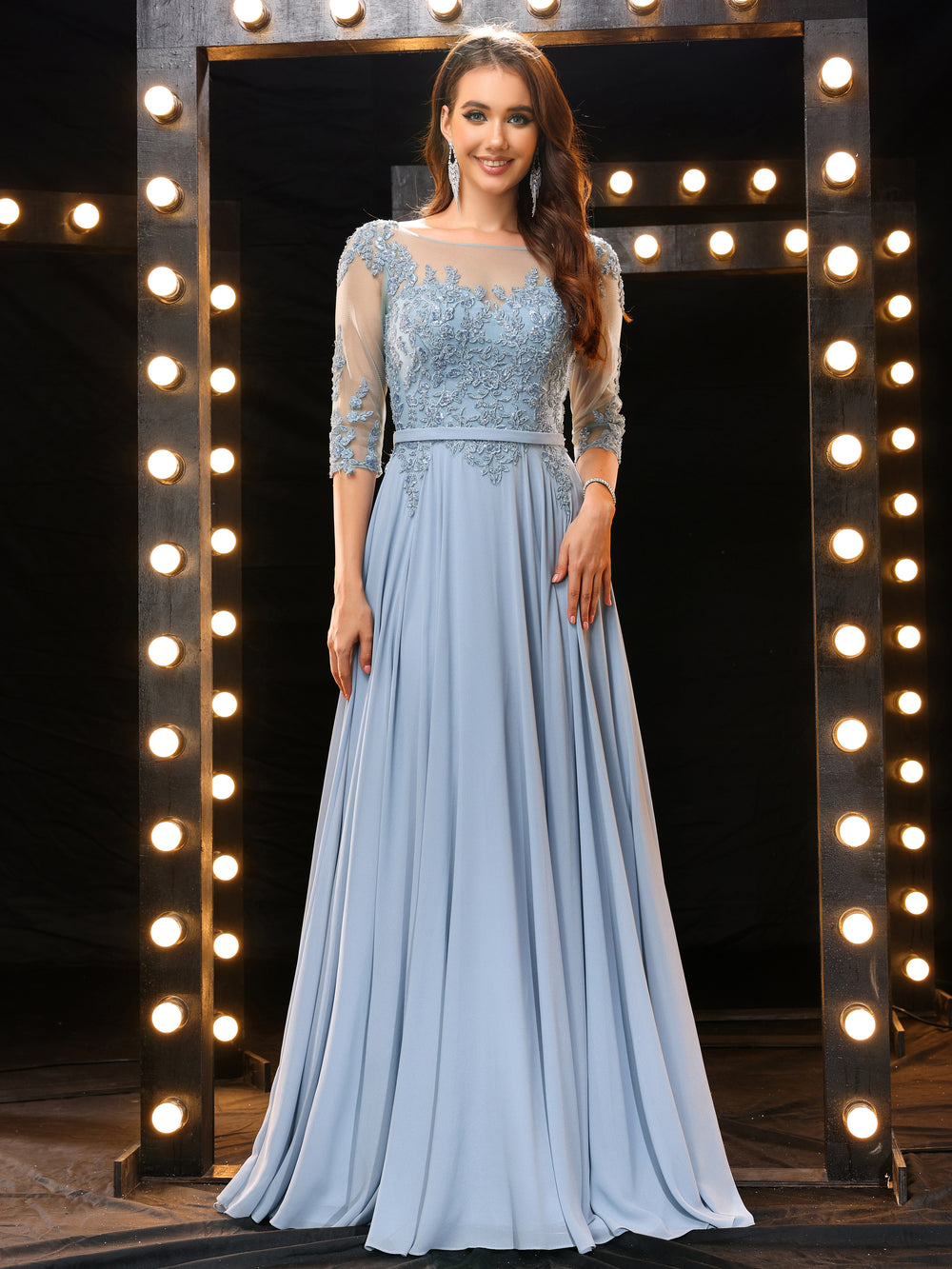 Elegant A Line Half Sleeves Chiffon Long Prom Dress