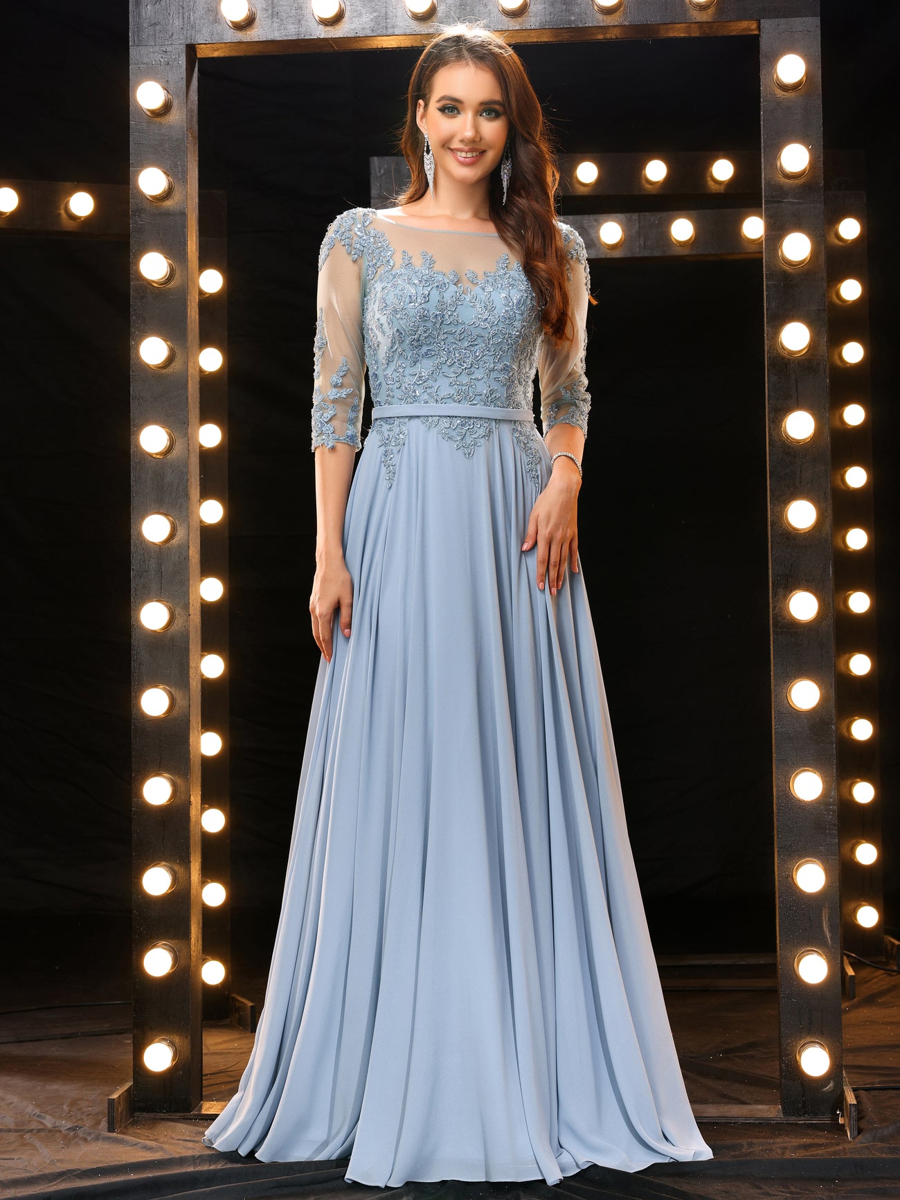 Elegant A Line Half Sleeves Chiffon Long Prom Dress