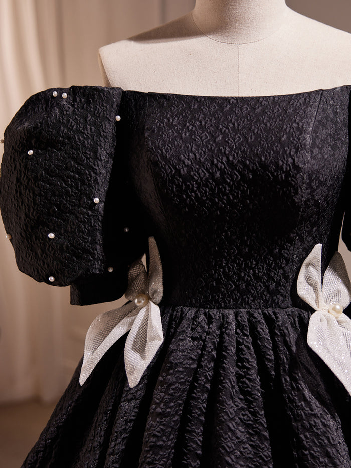 Elegant Black A-Line Knitted Button Wedding Guest Dress