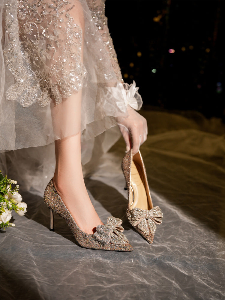 Round Toe Diamond High Heels Lace Women's Wedding Shoes main image 1