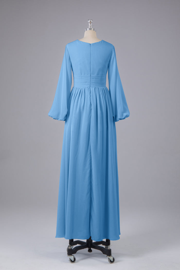 Elegant V-Neck Dark Champagne Chiffon Long Prom Bridesmaid Dress
