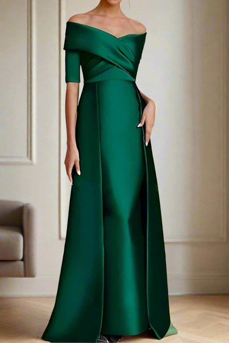 half shoulder long dress Elegant Off-The-Shoulder Half Sleeves A Line Floor Length Mother of The Bride Dresses