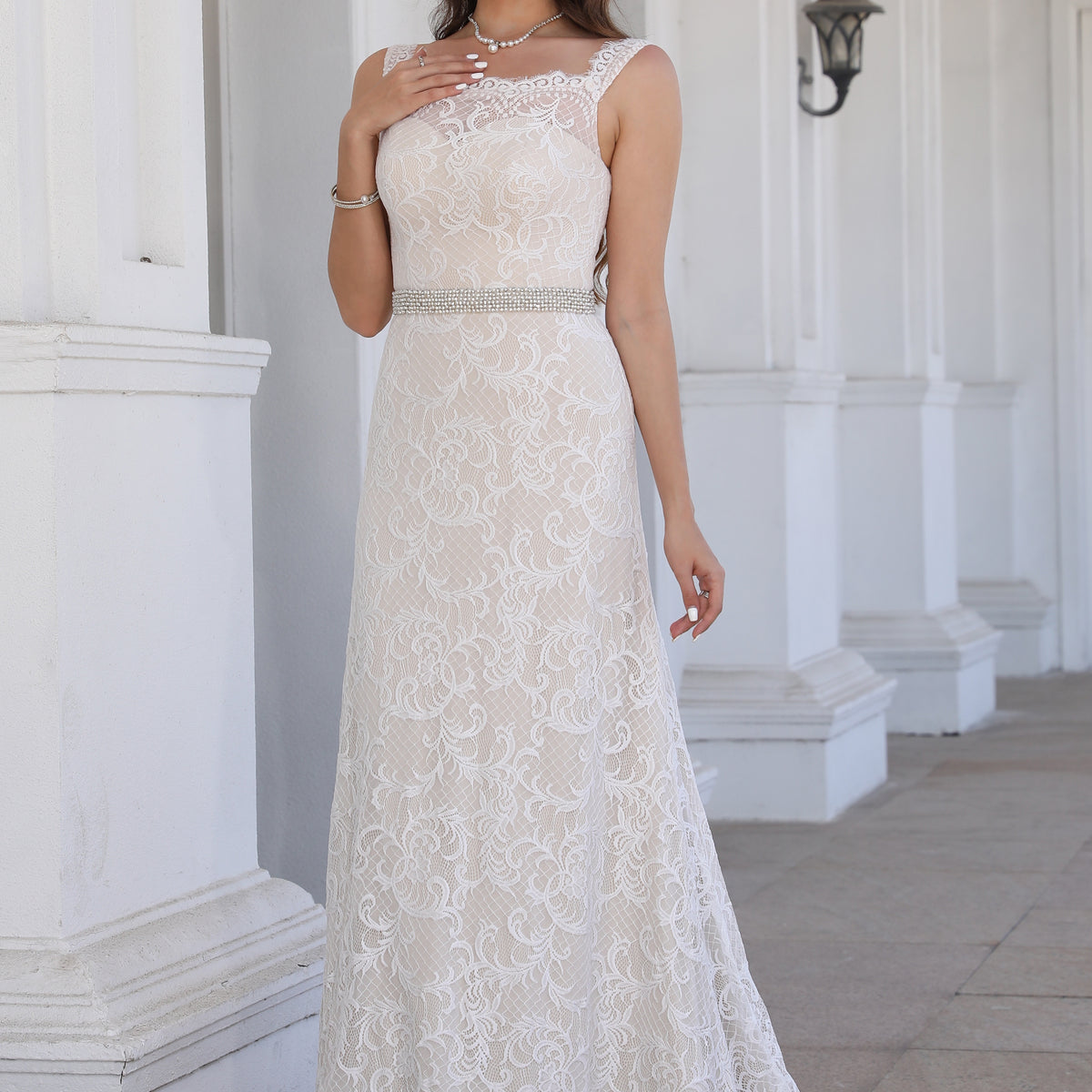 Elegant Square Neck Ivory Sleeveless Lace Long Wedding Dress Elegant Square Neck Ivory Sleeveless Lace Long Wedding Dress