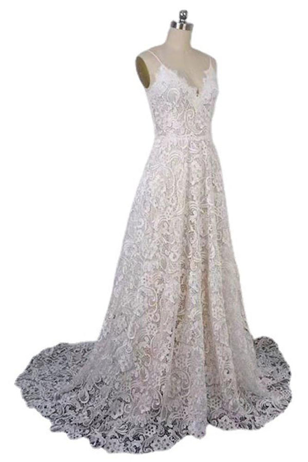 Printed Lace Spaghetti Straps V-neck Bow Tie Beading Formal Wedding Dress