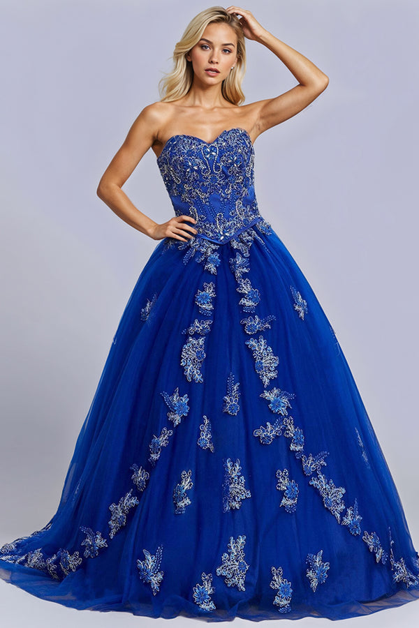 Off Shoulder Sleeveless Sequins Appliques Ruffles Royal Blue Quinceañera Dress WQ1754