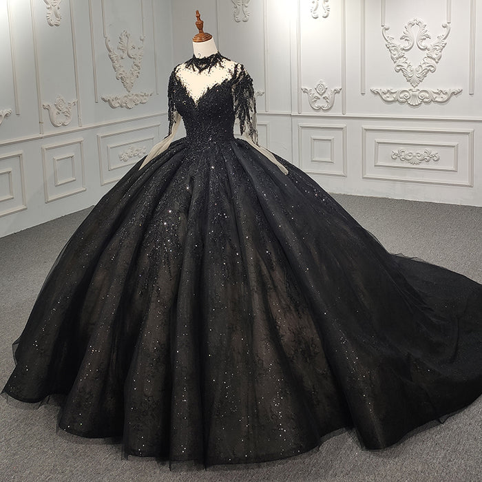 Exquisite Sequined Black Ball Gown Long Sleeves Beading Long Prom Dres