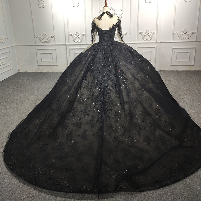 Exquisite Sequined Black Ball Gown Long Sleeves Beading Long Prom Dres