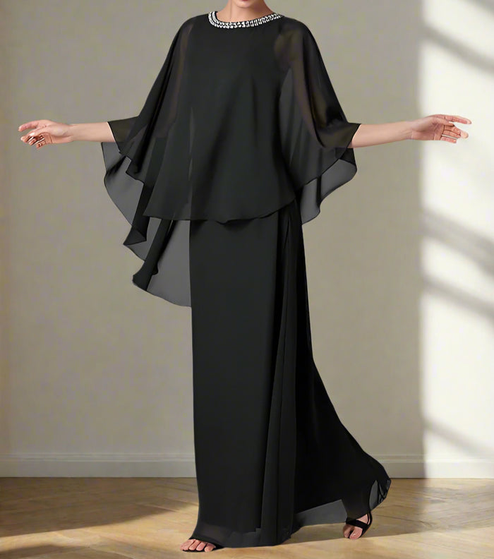 Cicinia Black Mother Of The Bride Dress Long Chiffon Lace Sheath Floor Length Beaded