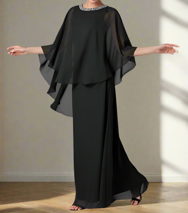 Cicinia Black Mother Of The Groom Dress Long Chiffon A-line Floor Length V-neck Beaded