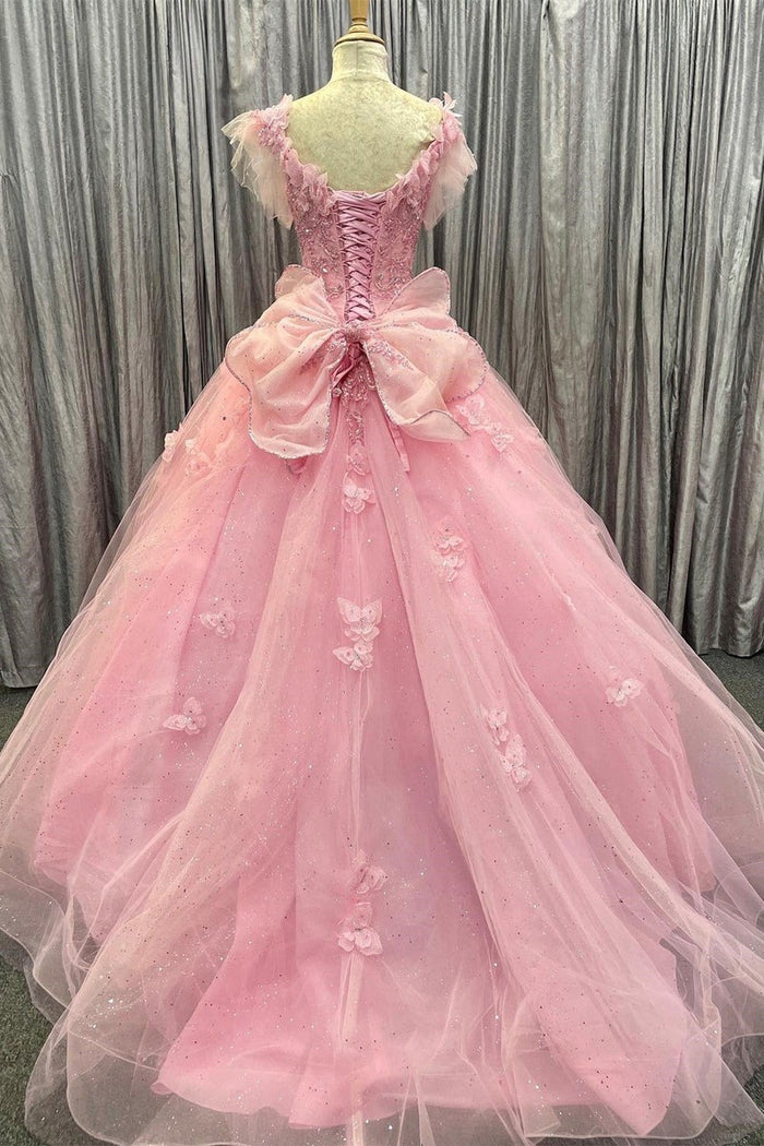 flutter-sleeves-pink-tulle-ball-gown-with-butterfly-appliques