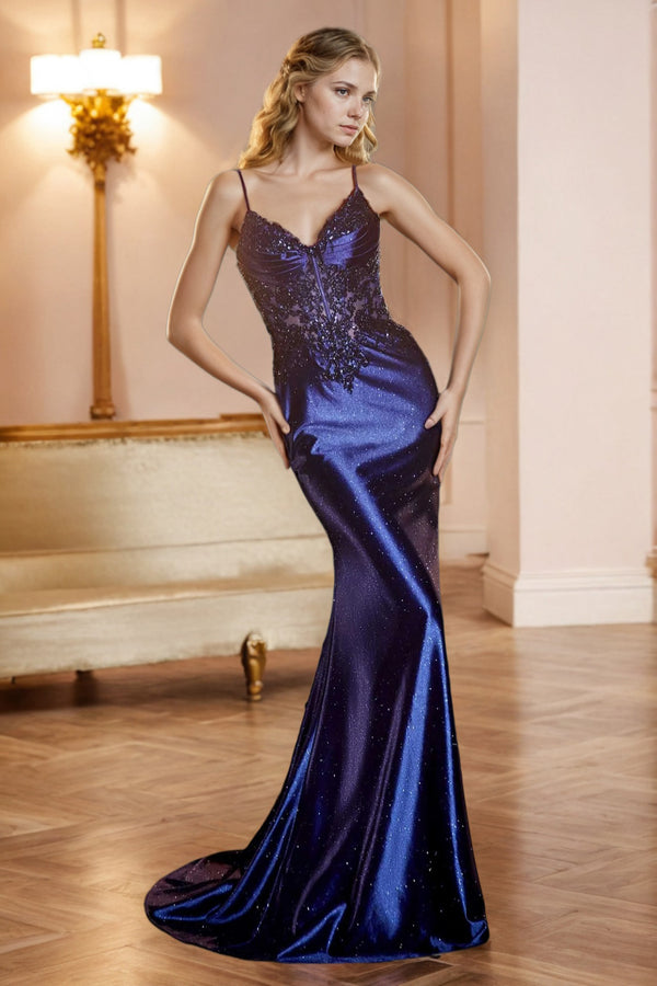 Sexy Spaghetti Strap Sleeveless Mermaid Satin Long Prom Dresses Online, OL487 main image 0