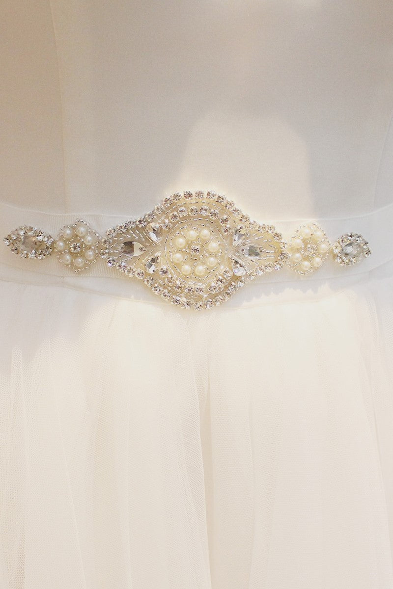 Gorgeous Wedding Sash Belt with Pearls and Rhinestones
