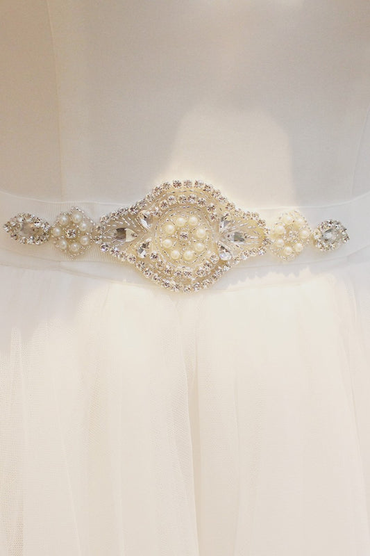 Gorgeous Wedding Sash Belt with Pearls and Rhinestones