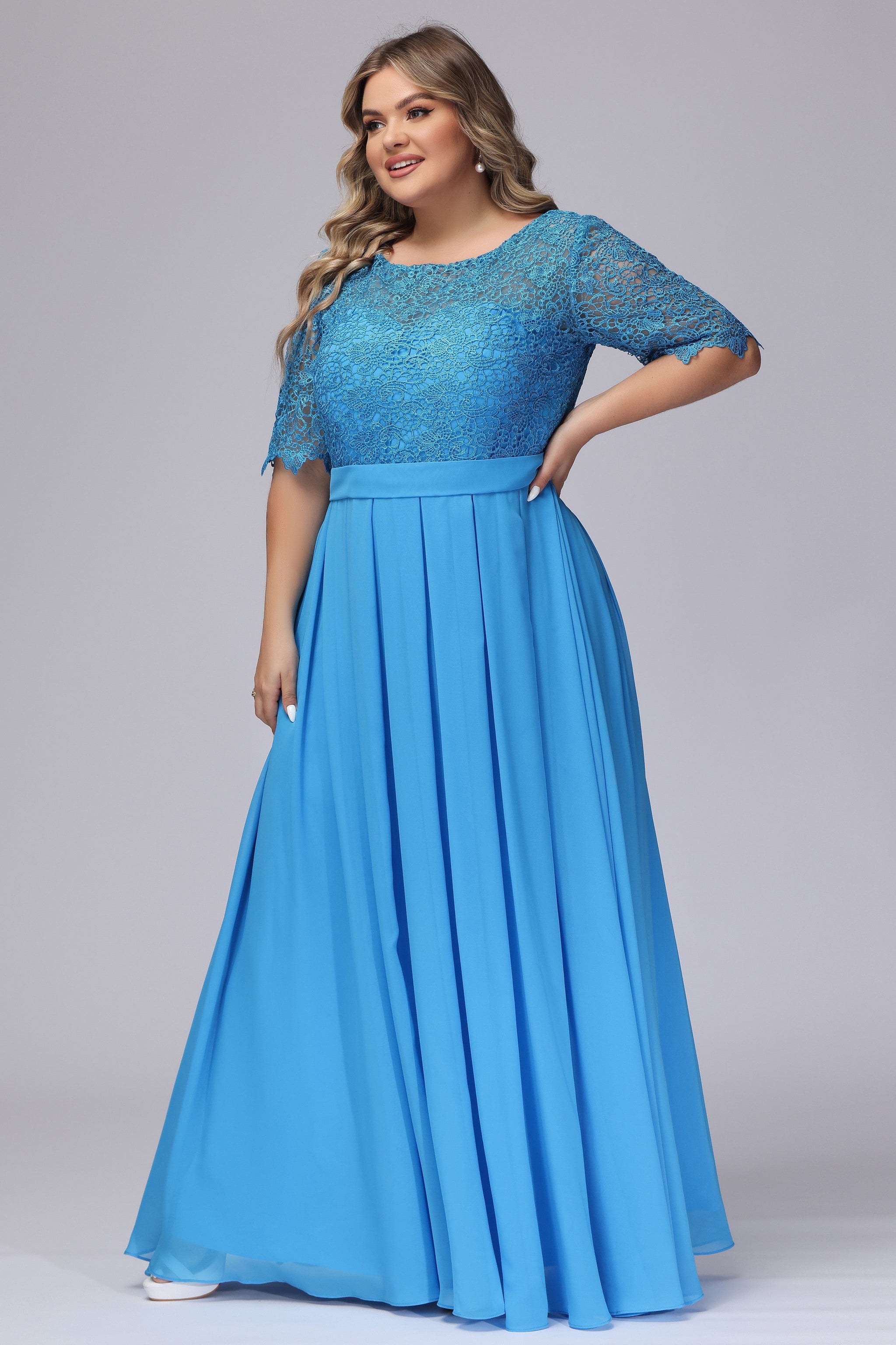 Scoop Neck Half Sleeve Floor-length Dress With Bow Ocean Blue