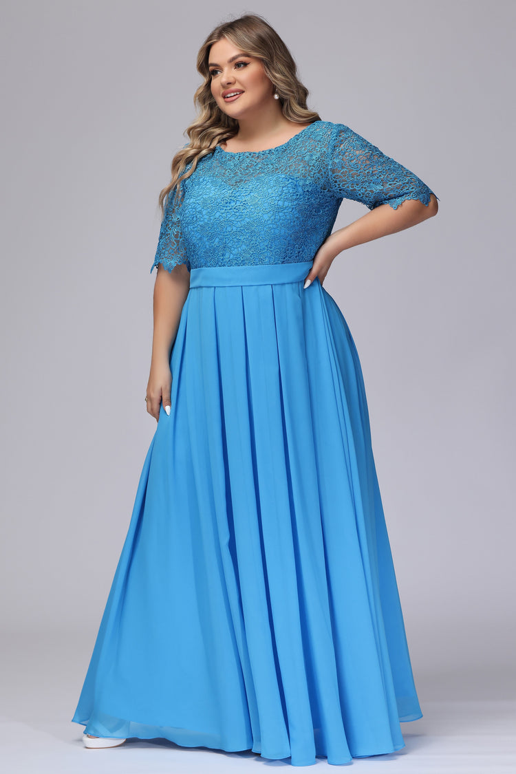 Half Sleeves Long Gown with Slit Ocean Blue Plus Size main image 0