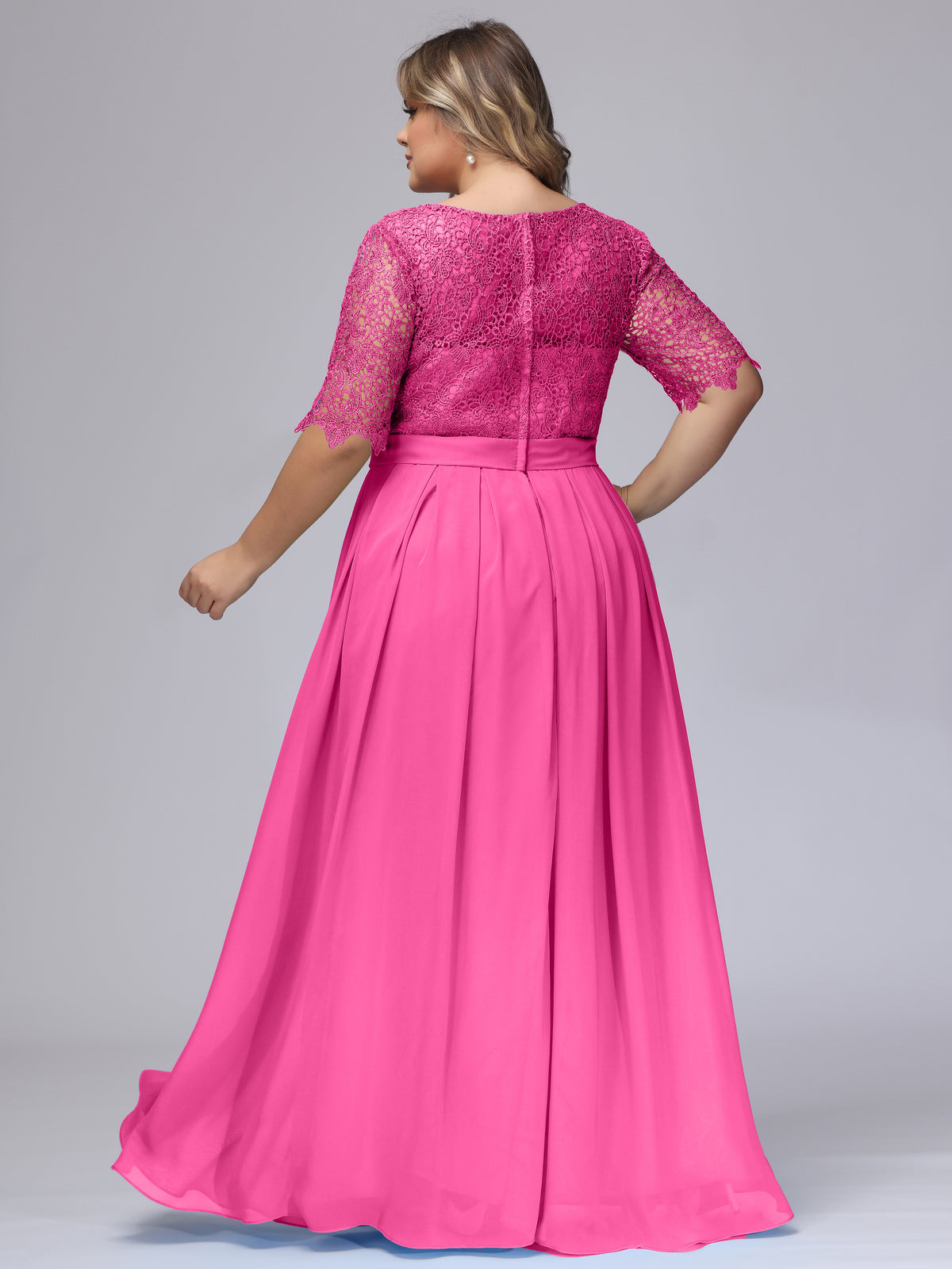 Half Sleeves Scoop Lace Long Plus Size Bridesmaid Dresses