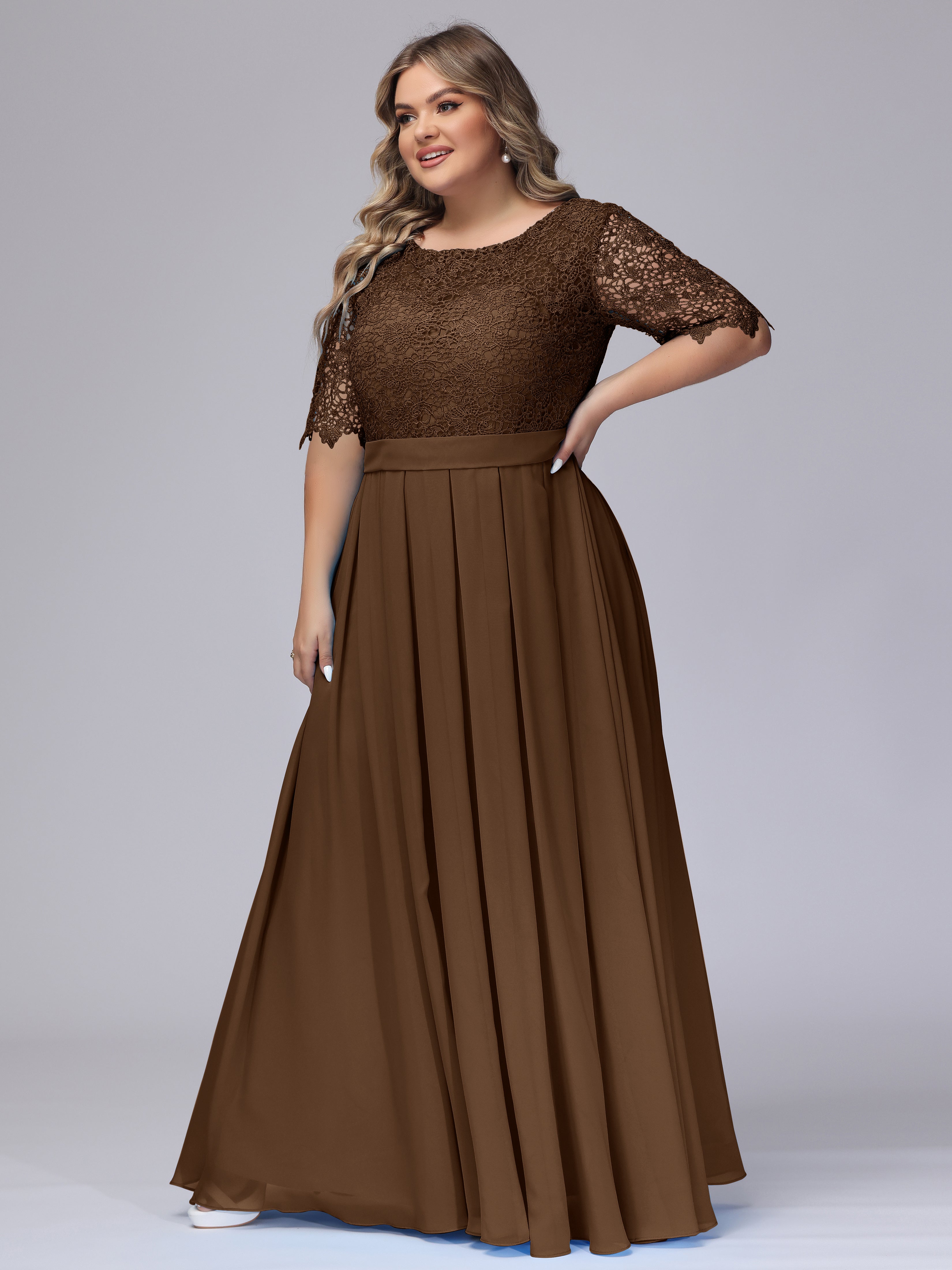 Half Sleeves Scoop Lace Long Plus Size Bridesmaid Dresses