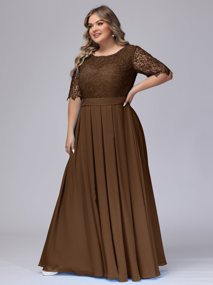 A-Line Plus Size Bridesmaid Dresses Wedding Guest Floor Length Short Sleeve Off Shoulder Lace Lace-up with Beading main image 0