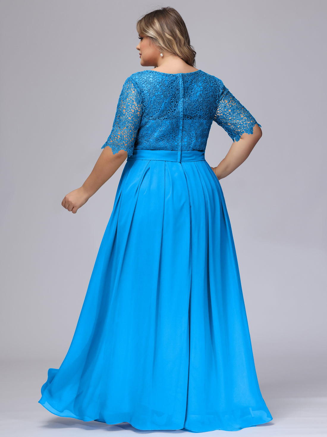 Lace Applique Top Long Bridesmaid Gown Ink Blue Plus Size