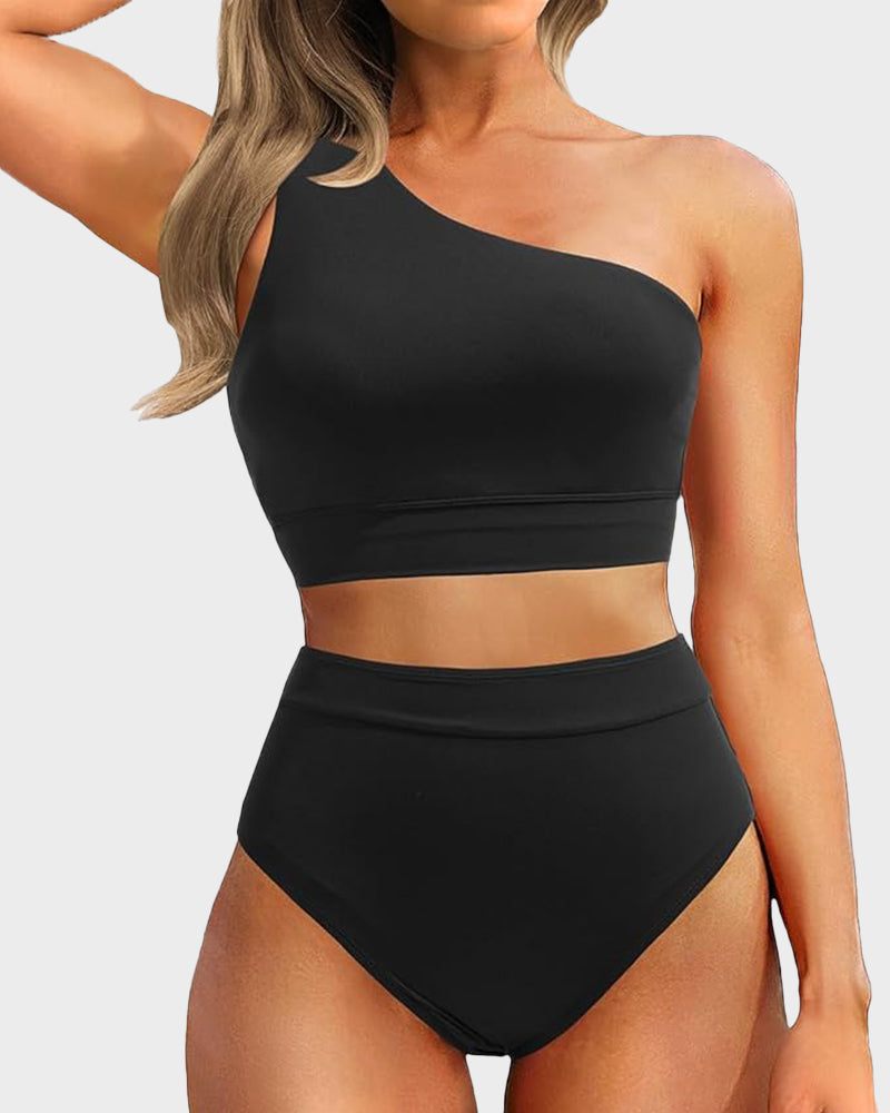 OmbreSwim - High-Waist One-Shoulder Tummy Control Bikini Set