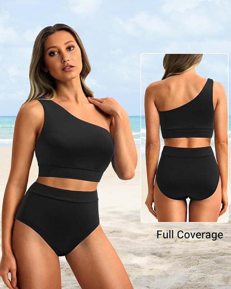 OmbreSwim - High-Waist One-Shoulder Tummy Control Bikini Set