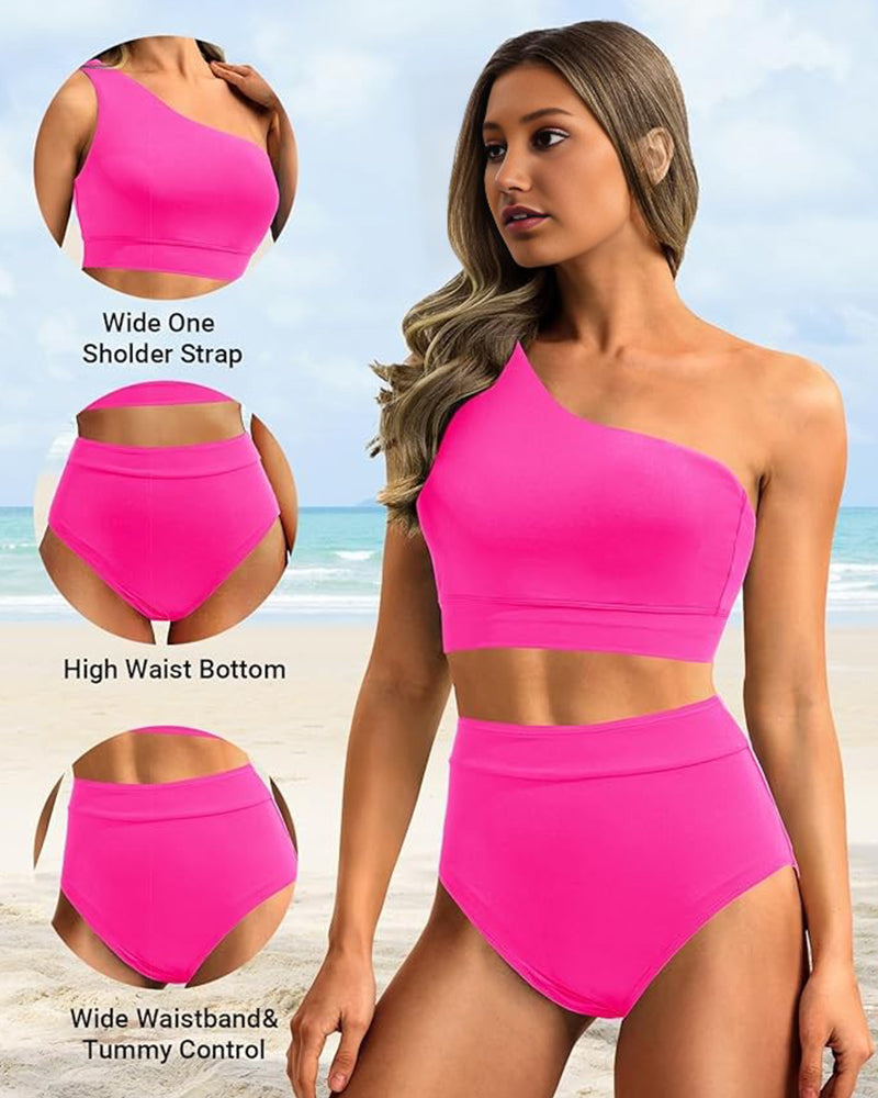 OmbreSwim - High-Waist One-Shoulder Tummy Control Bikini Set