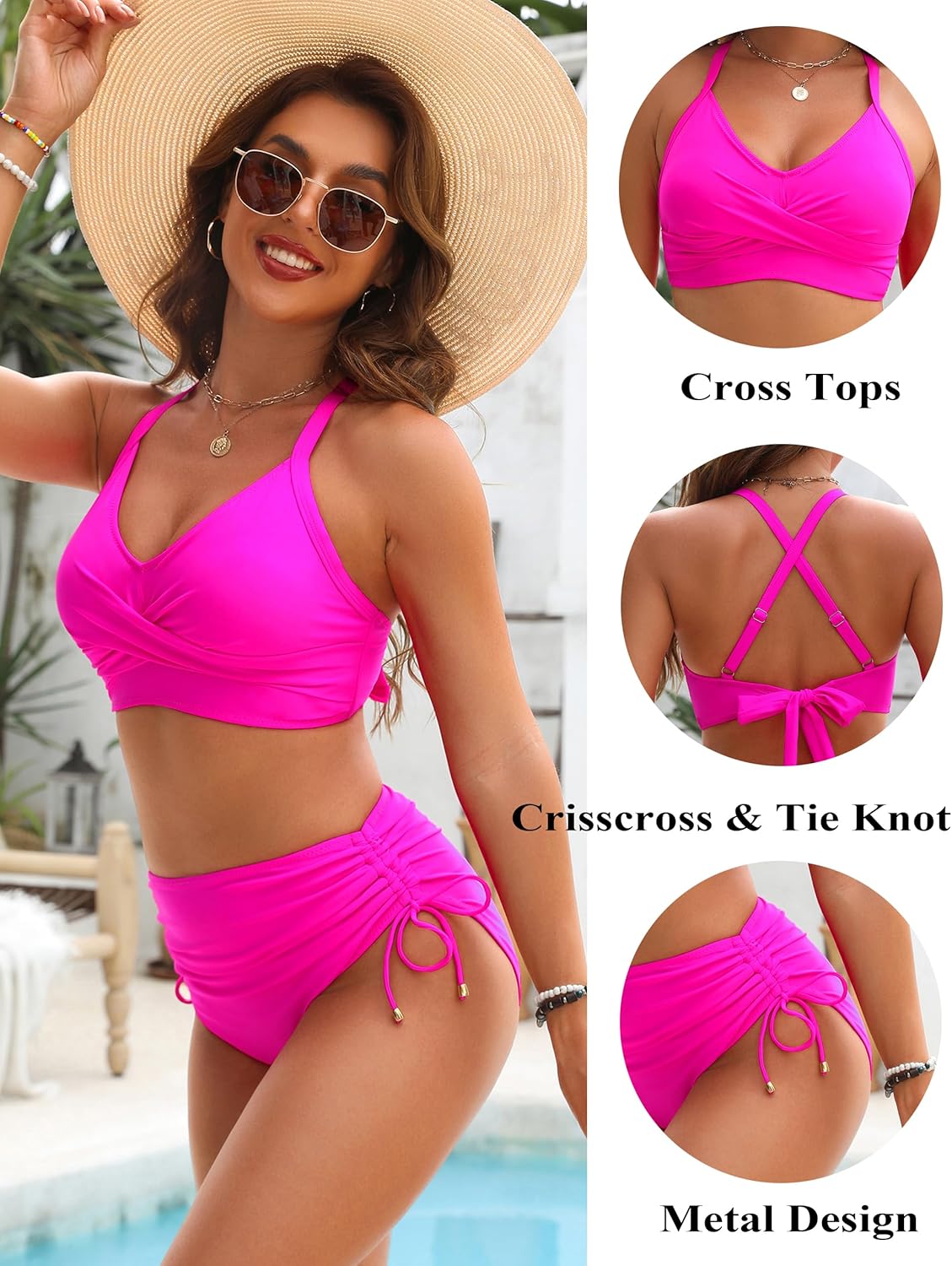 OmbreSwim - Womens High Waisted Bikini Sets Drawstring Tummy Control Swimsuits Crisscross Tie Back Bathing Suit