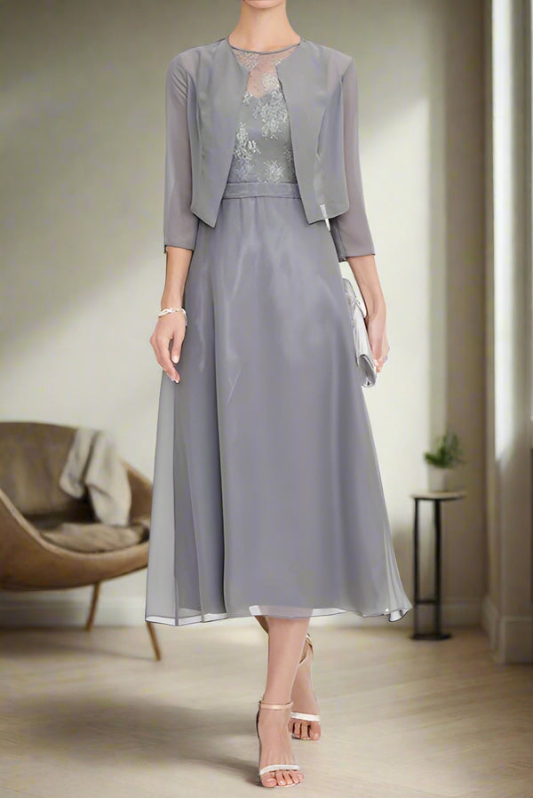Illusion Neck Tea Length A-Line Mother of the Bride Dress