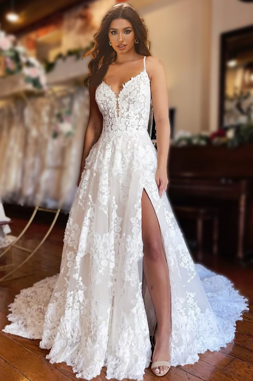 DeKlaire Bridal 417 Spaghetti Straps V-Neckline Open Back A-Line Wedding Dress main image 1