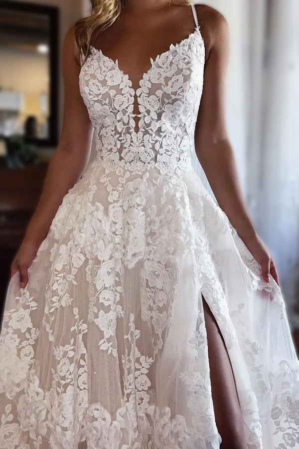 Spaghetti Straps A-Line V-Neck Lace Appliques Wedding Dress