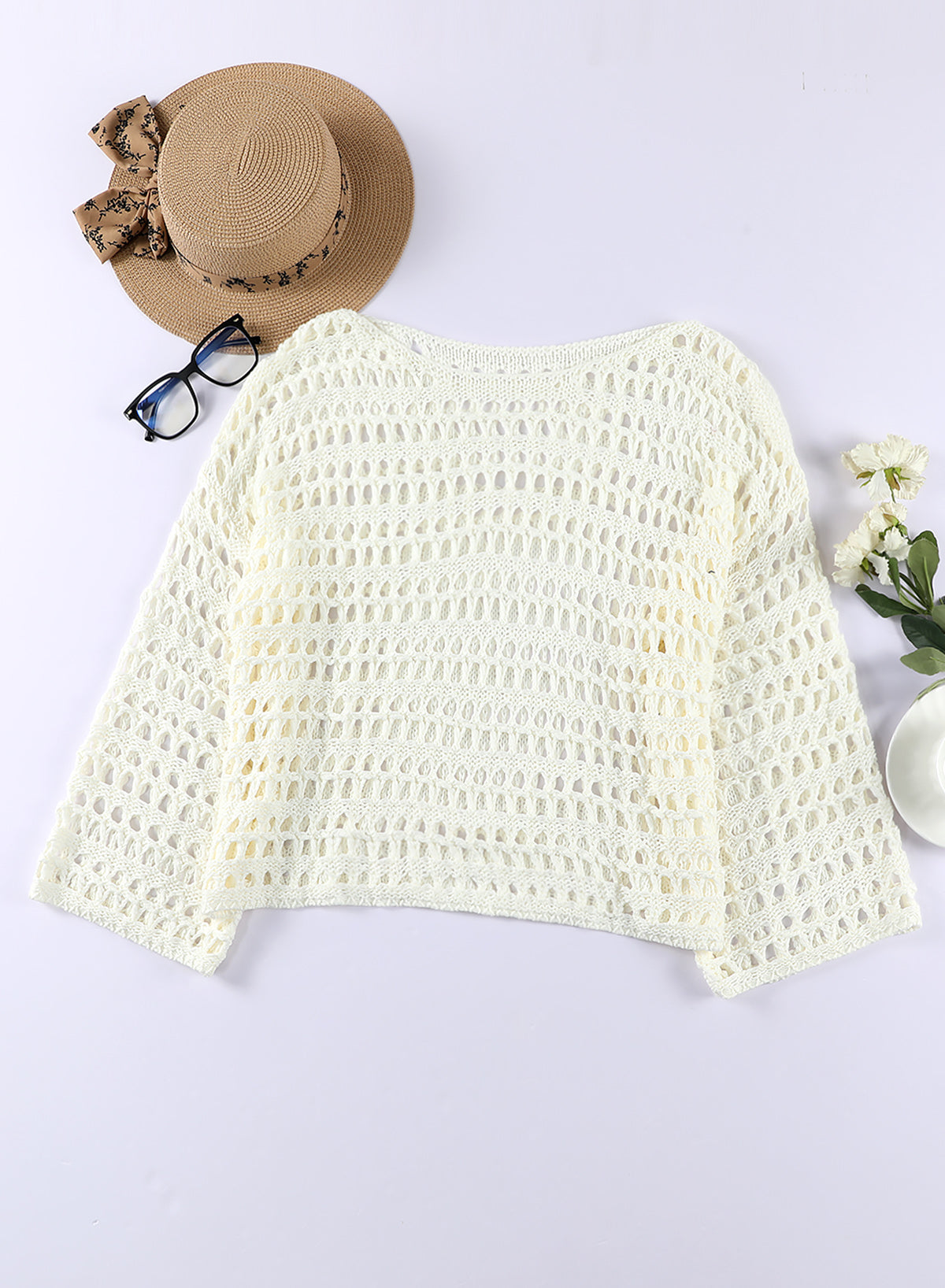 OmbreSwim - White Mesh Knitted Long Sleeve Hollow Sun-proof Round Neck Cover Up