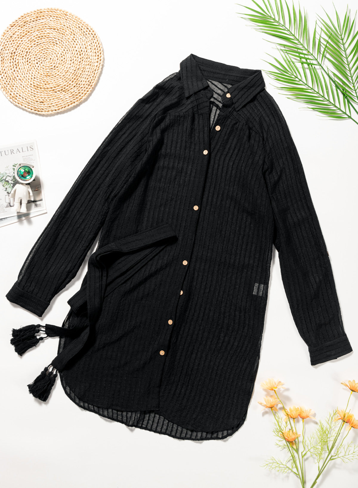 OmbreSwim - Black Solid Color Tie Sun-proof Belt Sexy V Neck Cover Up