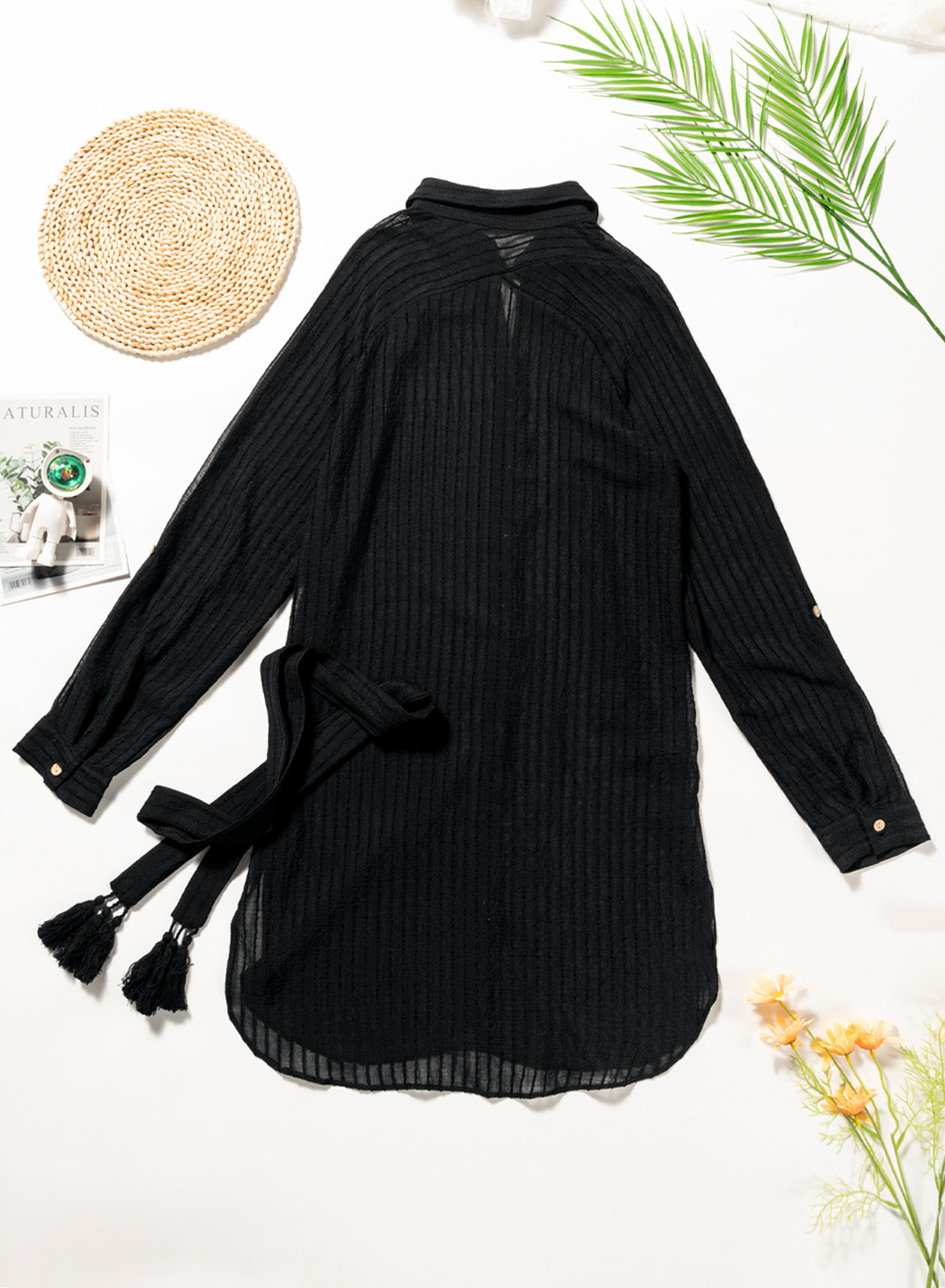 OmbreSwim - Black Solid Color Tie Sun-proof Belt Sexy V Neck Cover Up