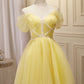 Cute Yellow Spaghetti Straps Off The Shoulder Tulle Short Homecoming Dresses