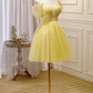 Cute Yellow Spaghetti Straps Off The Shoulder Tulle Short Homecoming Dresses