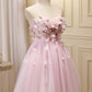 Cute Pink Strapless Sweetheart Appliques Tulle Short Homecoming Dresses