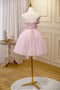 Pink Homecoming Dress Tulle Straps Appliques Short Party Dress SH251