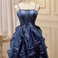 Navy Blue Spaghetti Straps Beading Tulle Short Homecoming Dresses