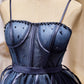 Navy Blue Spaghetti Straps Beading Tulle Short Homecoming Dresses