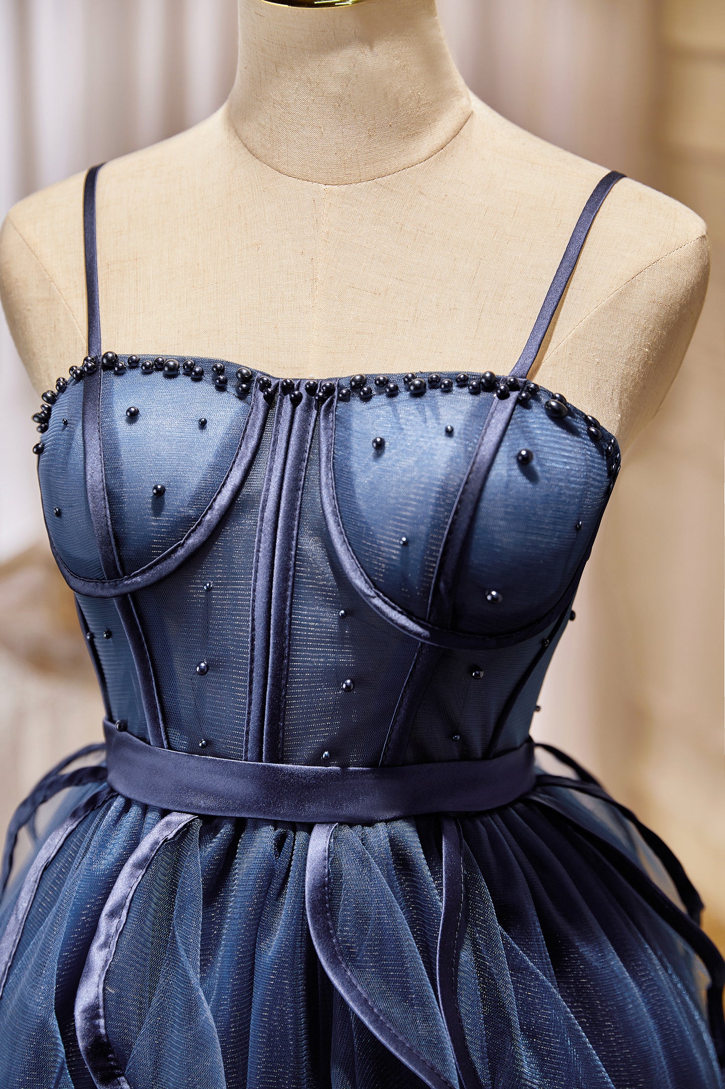 Navy Blue Spaghetti Straps Beading Tulle Short Homecoming Dresses