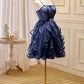 Navy Blue Spaghetti Straps Beading Tulle Short Homecoming Dresses