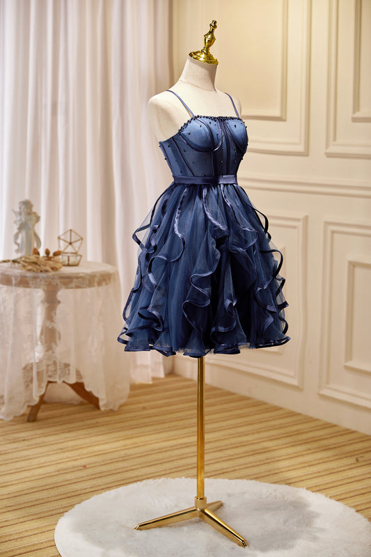 Navy Blue Spaghetti Straps Ball Gown Tulle Short/Mini Homecoming Dresses