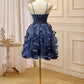 Navy Blue Spaghetti Straps Beading Tulle Short Homecoming Dresses