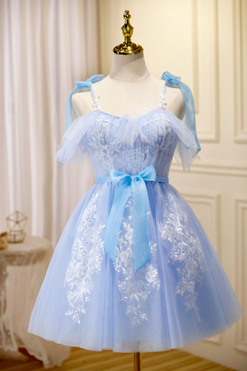 Sky Blue Appliques Straps Tulle A Line  Homecoming Dress main image 0