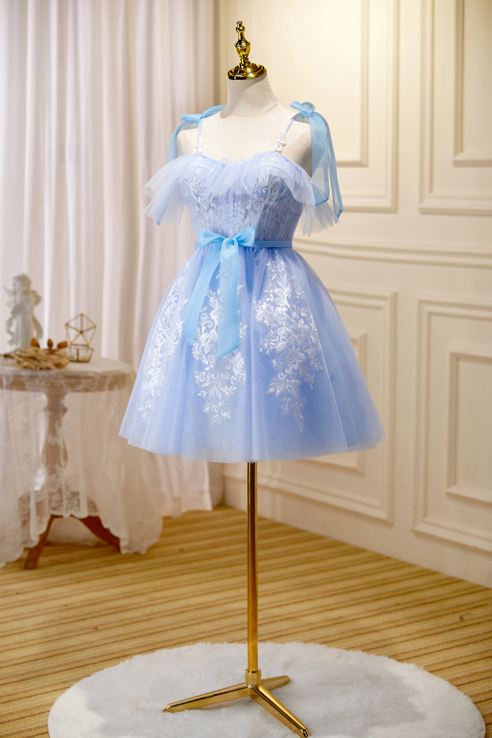 Elegant Evening Dress with Sky Blue Spaghetti-Straps Appliques main image 1