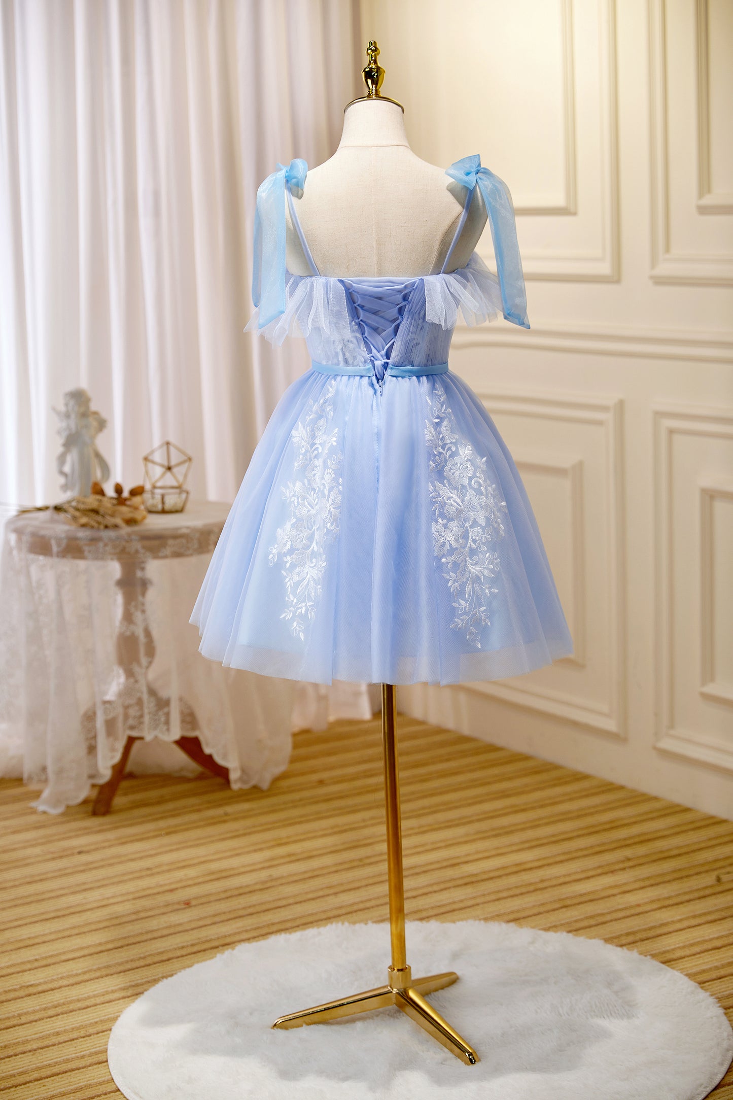 Sky Blue Spaghetti Straps Appliques Tulle Short Homecoming Dresses