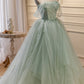 Elegant Green Strapless Evening Gown Off The Shoulder Tulle Prom Dresses