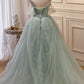 Elegant Green Strapless Evening Gown Off The Shoulder Tulle Prom Dresses